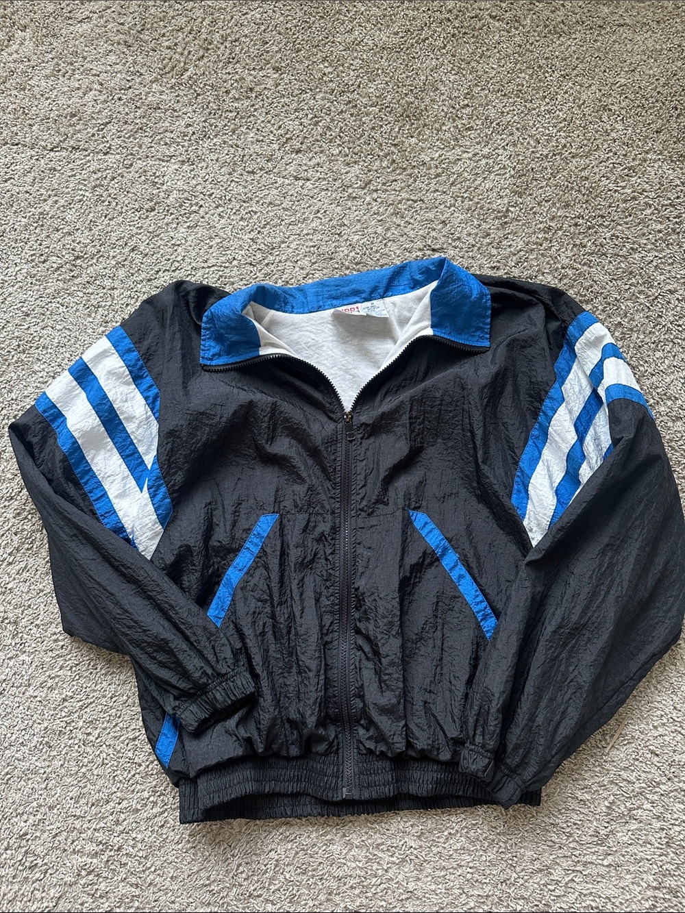 Vintage Black Windbreaker Jacket with Blue & White Accents